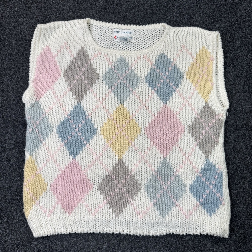 Vintage Currants Jeri-Jo Sweater Vest Womens M Pastel Argyle Ramie Knit Layering